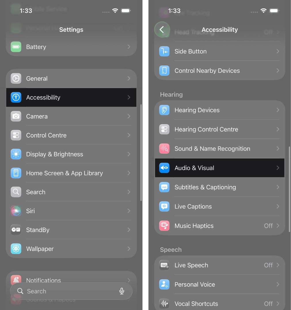 Head to Accessibility, tap Audio and Visual