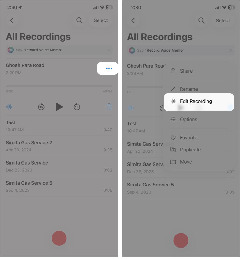 Open Voice Memos and tap More button and Choose Edit Recording
