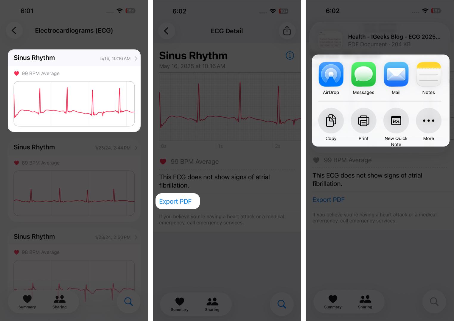 Open Health, go to Heart > Electrocardiograms, select a reading, and tap Export a PDF.