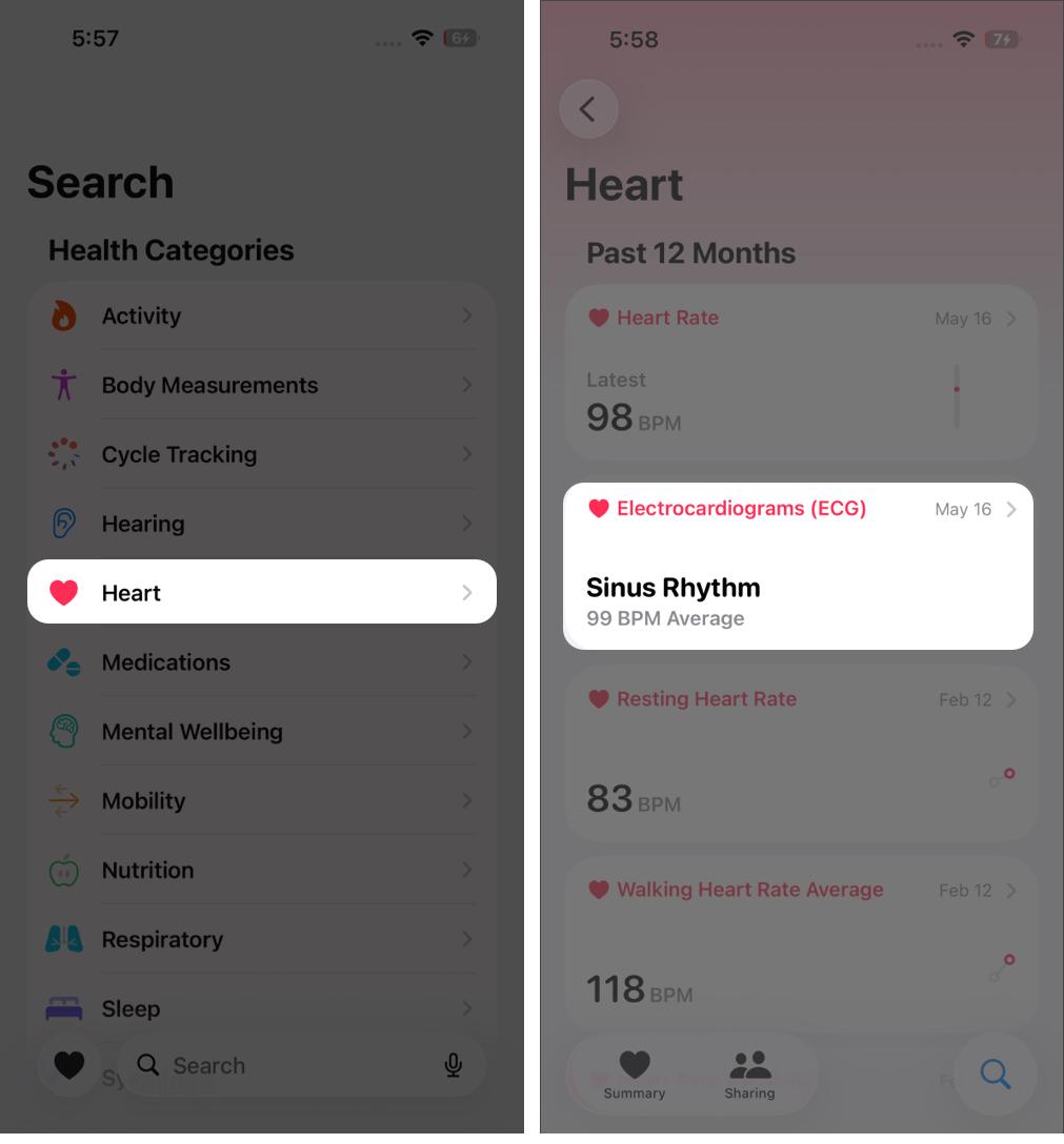 Open Health, tap Search > Heart > Electrocardiograms (ECG), and follow the setup instructions