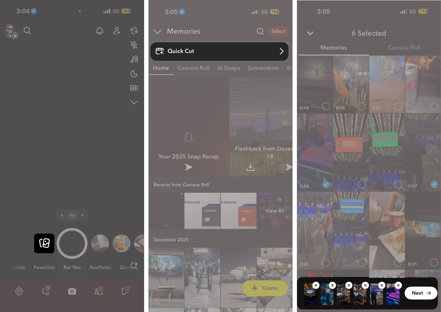 Open Memories, tap Quick Cut, select your media, and tap Next to auto-sync your video.