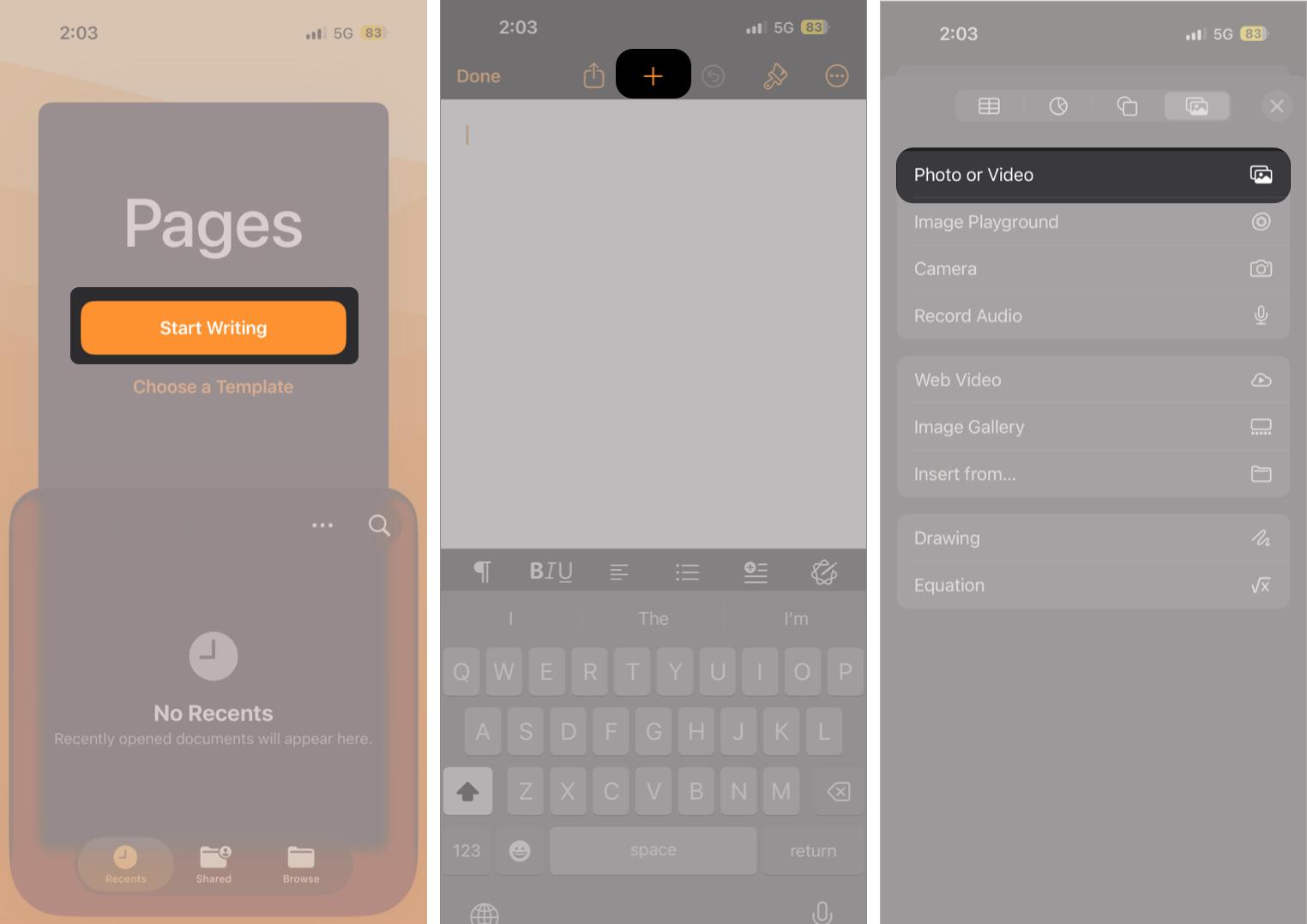 Open Pages, tap Start Writing, select +, then choose your image
