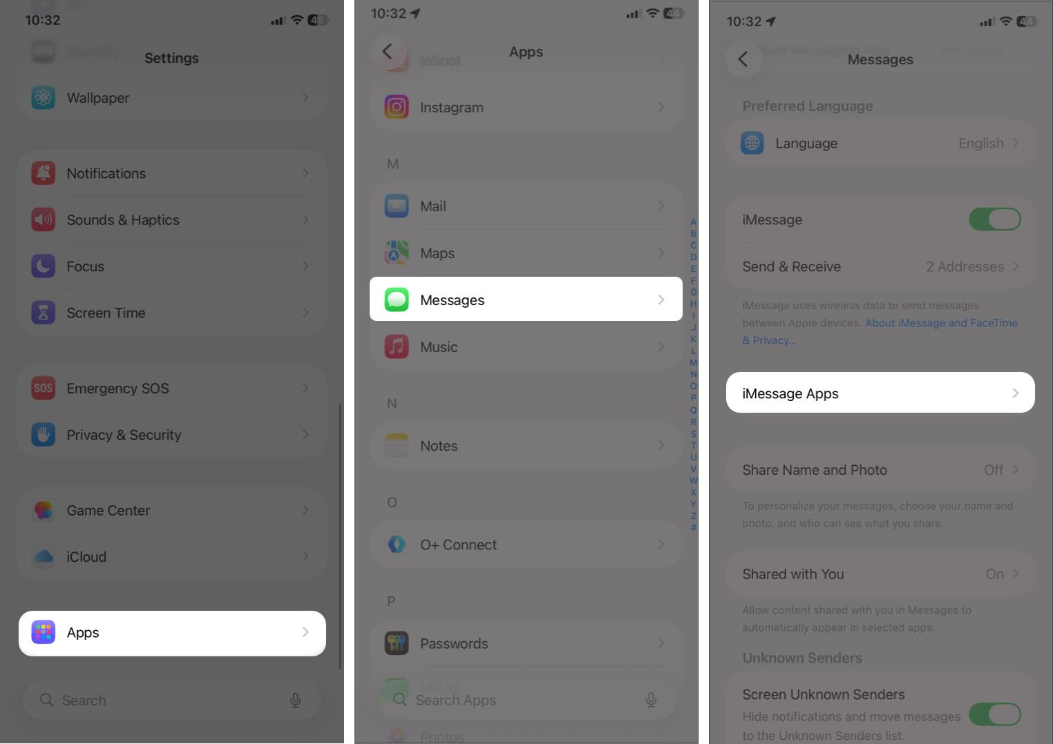 Opening Settings, selecting Apps, choosing Messages, and tapping iMessage Apps.