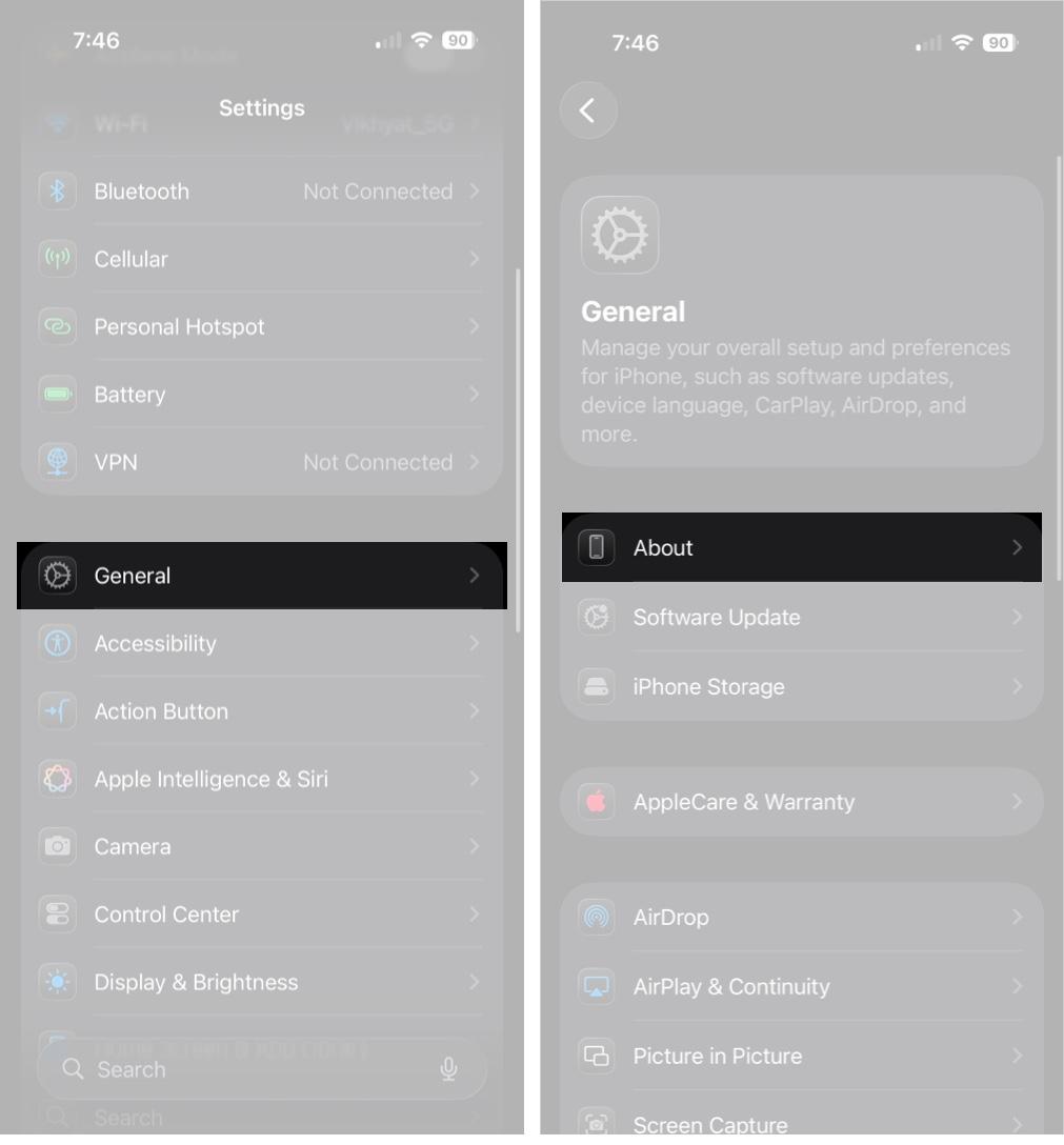 Open Settings, tap General, and then tap About