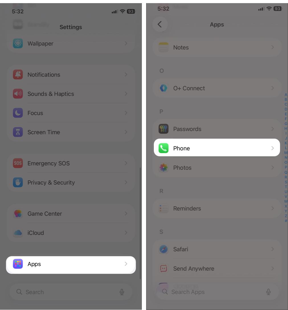 Open Settings, then go to Apps and select Phone