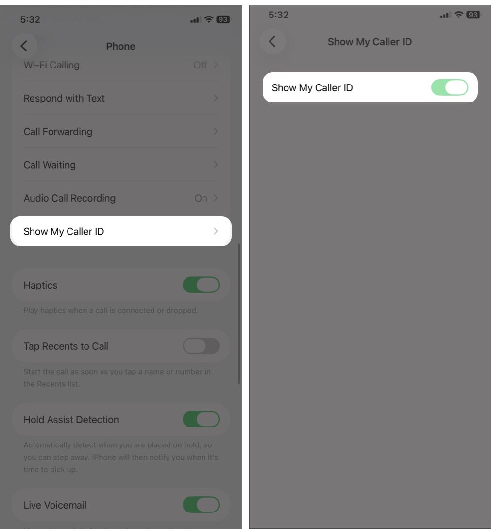 Open Show My Caller ID and switch the toggle off.