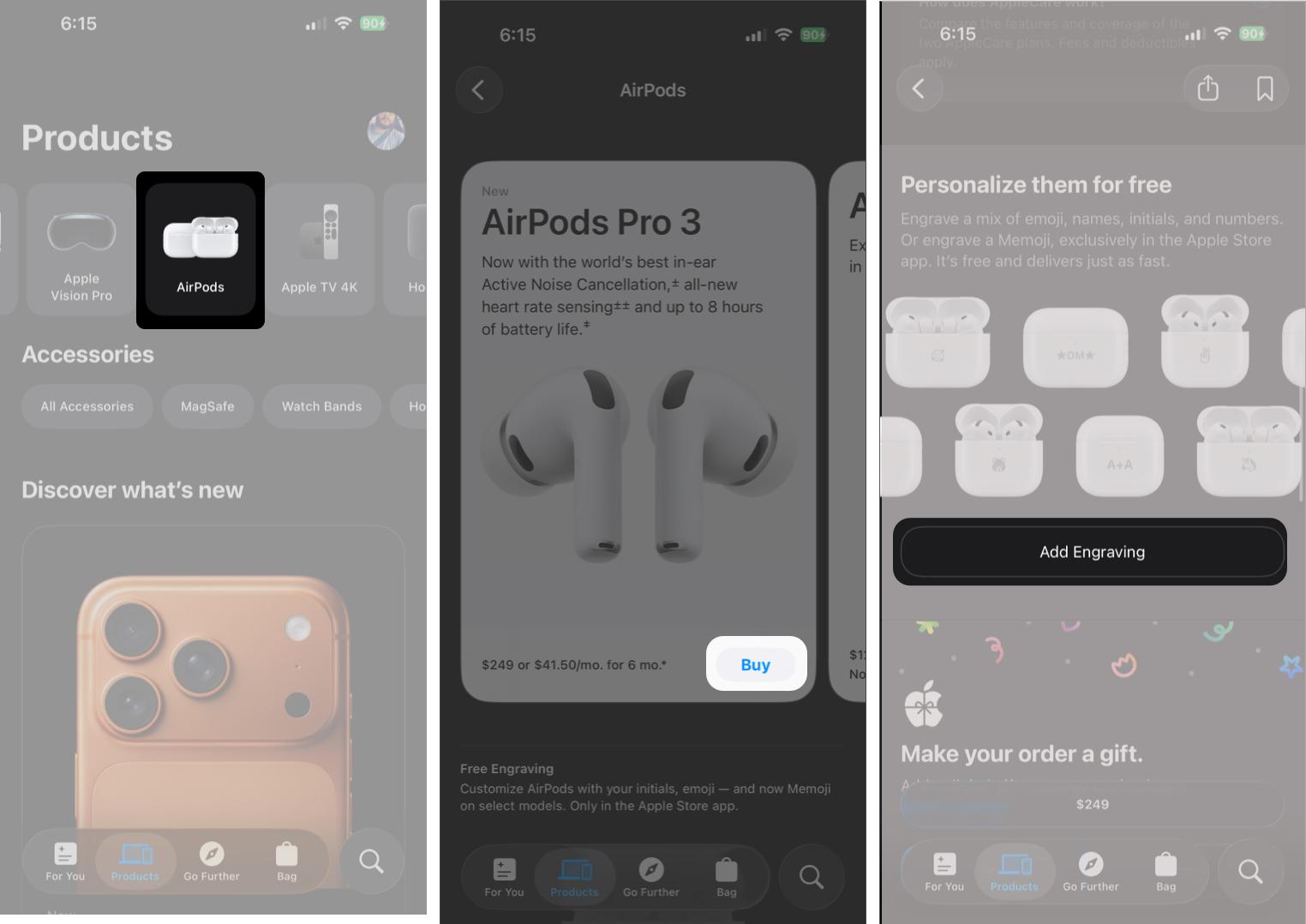 Open the Apple Store App, Select AirPods, and Tap the Buy Button for the Pair You Want to Engrave