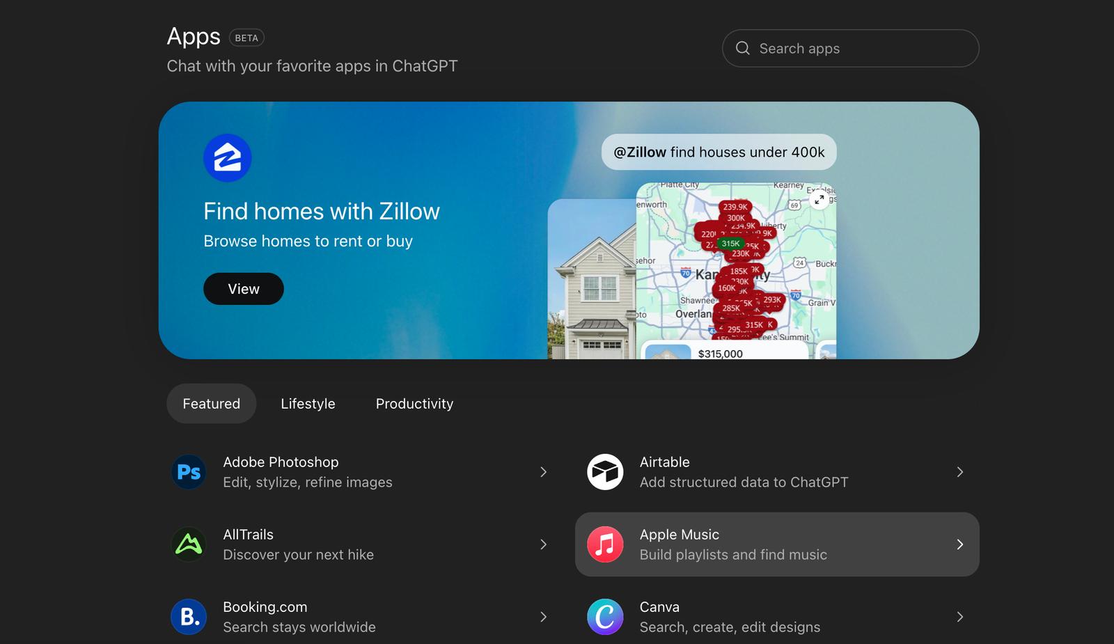 Open the Apps tab in ChatGPT