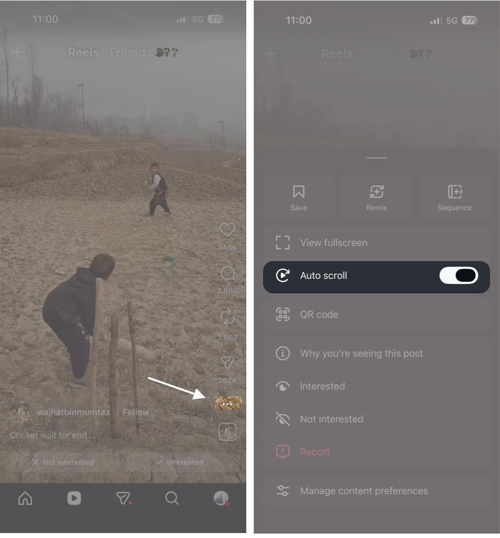 Open the instagram app and tap the three-Dot button and turn on auto-scroll
