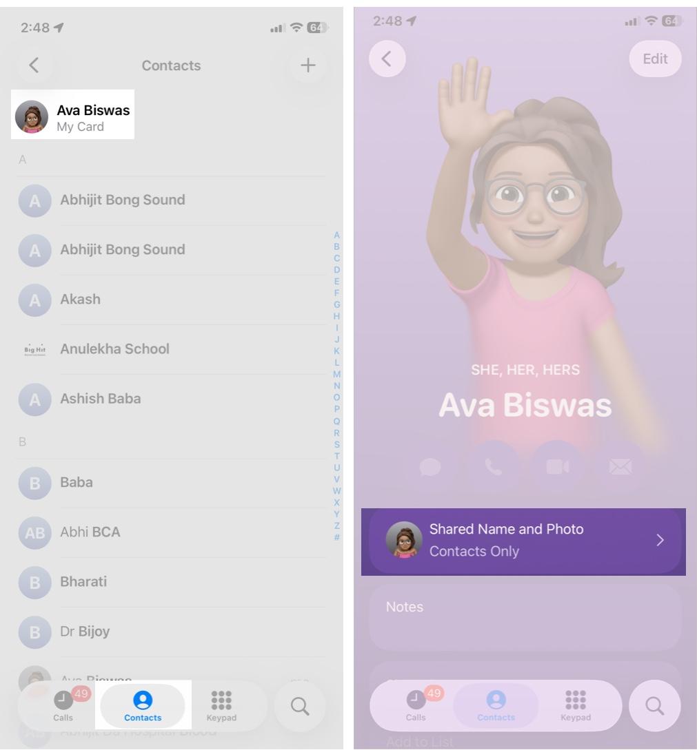 Phone app, Contacts, My Card, Shared Name and Photo