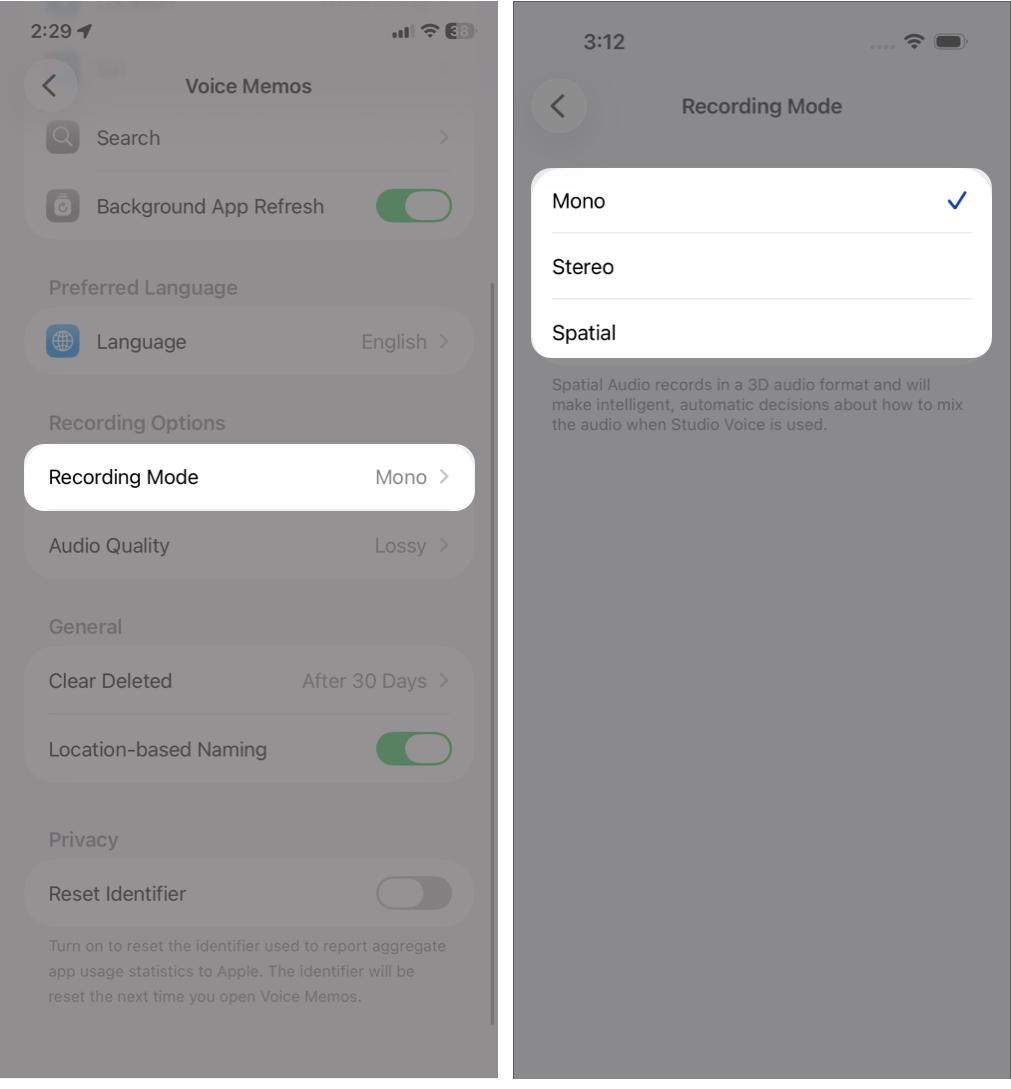 Tap Recording Mode.
Select from giving otipons
