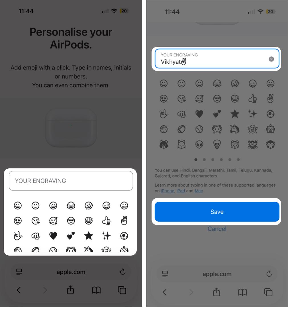 Select Add Engraving, Enter Your Text or Emojis, and Tap Save to Confirm Your Personalization