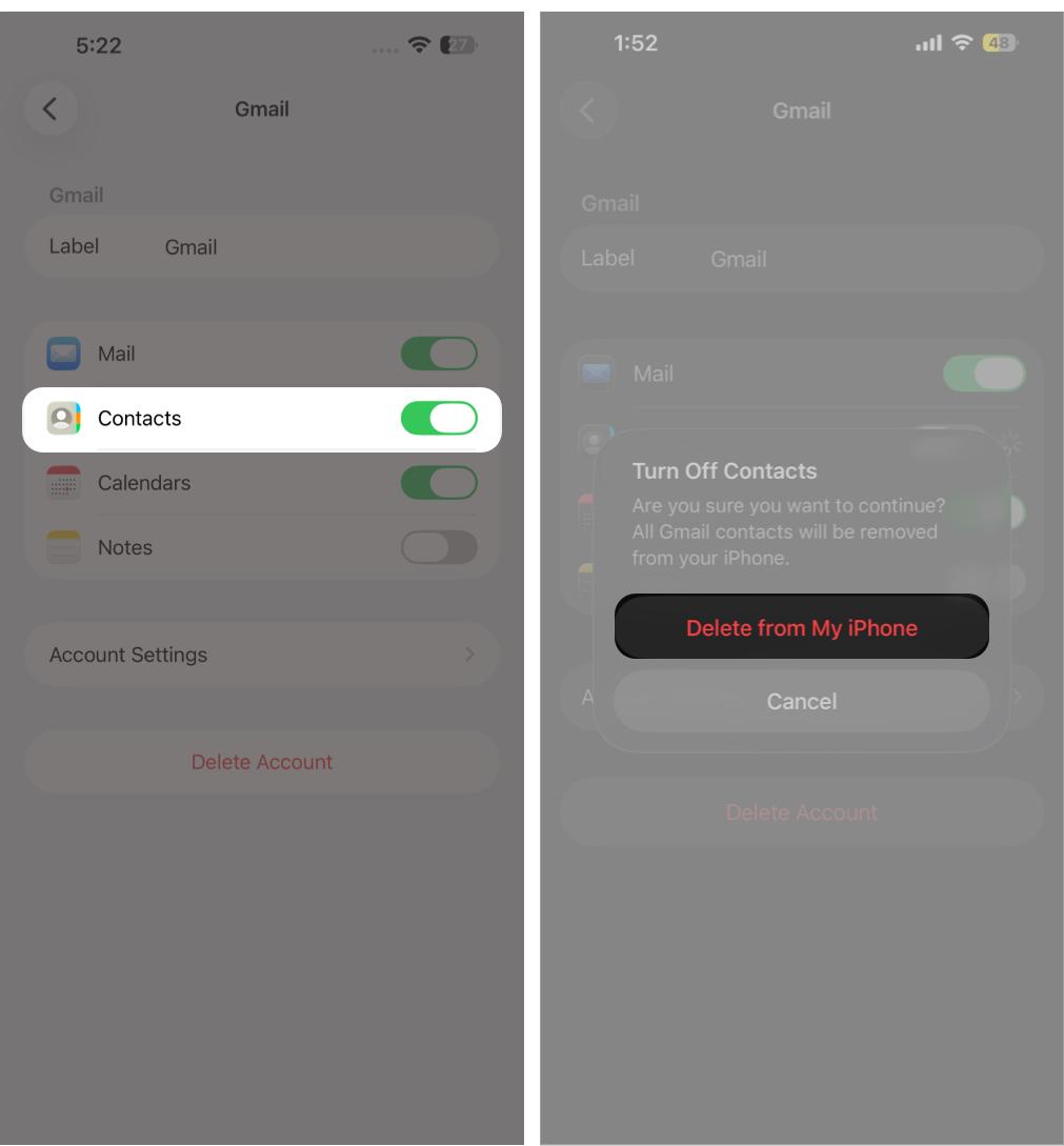 Toggle off Contacts and confirm by tapping Delete from iPhone