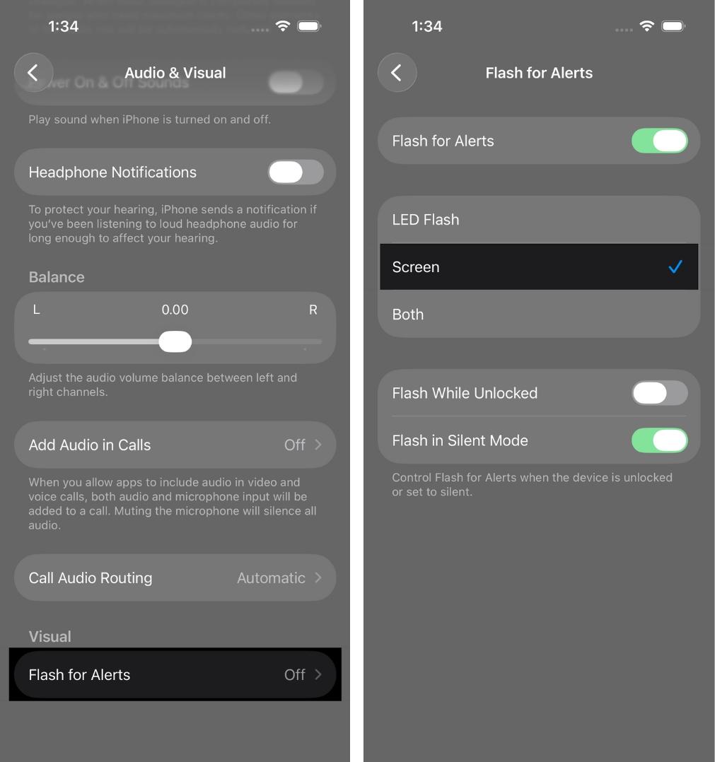 Toggle on Flash for Alerts, then select Screen