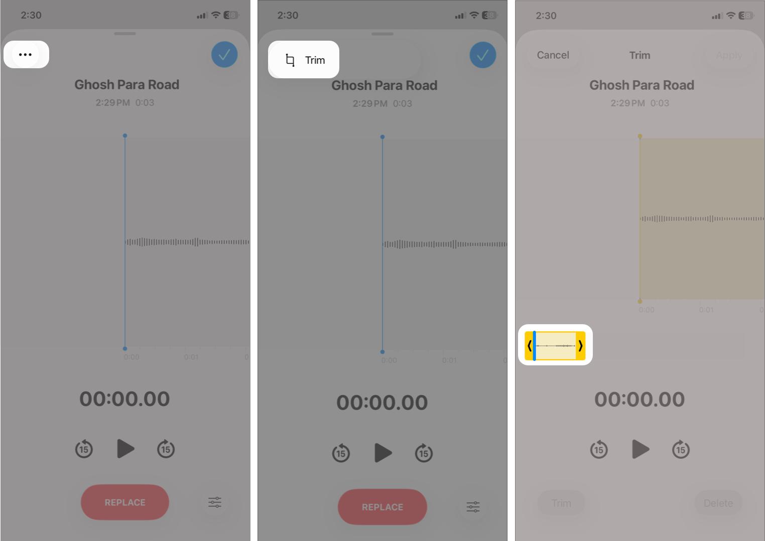 n edit mode, tap the three-dot icon > Trim, then drag the yellow handles to set the section of the audio to keep