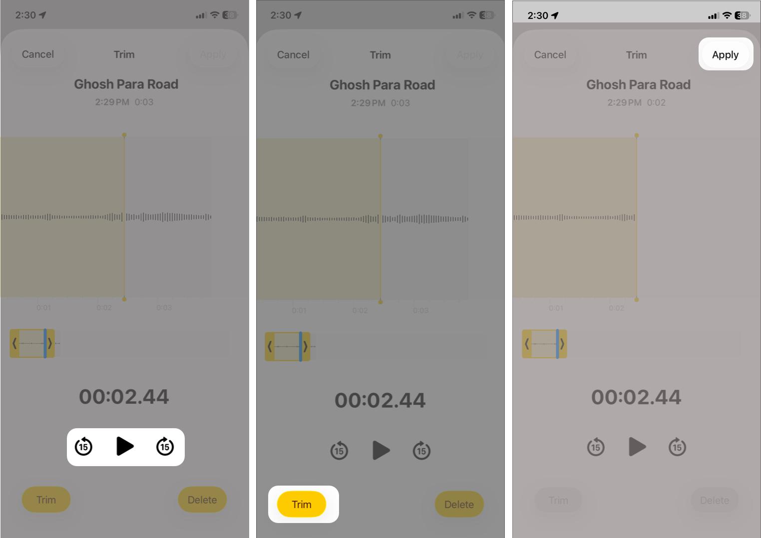 Use the Play button to preview, tap Trim to cut, and tap Apply to save the changes