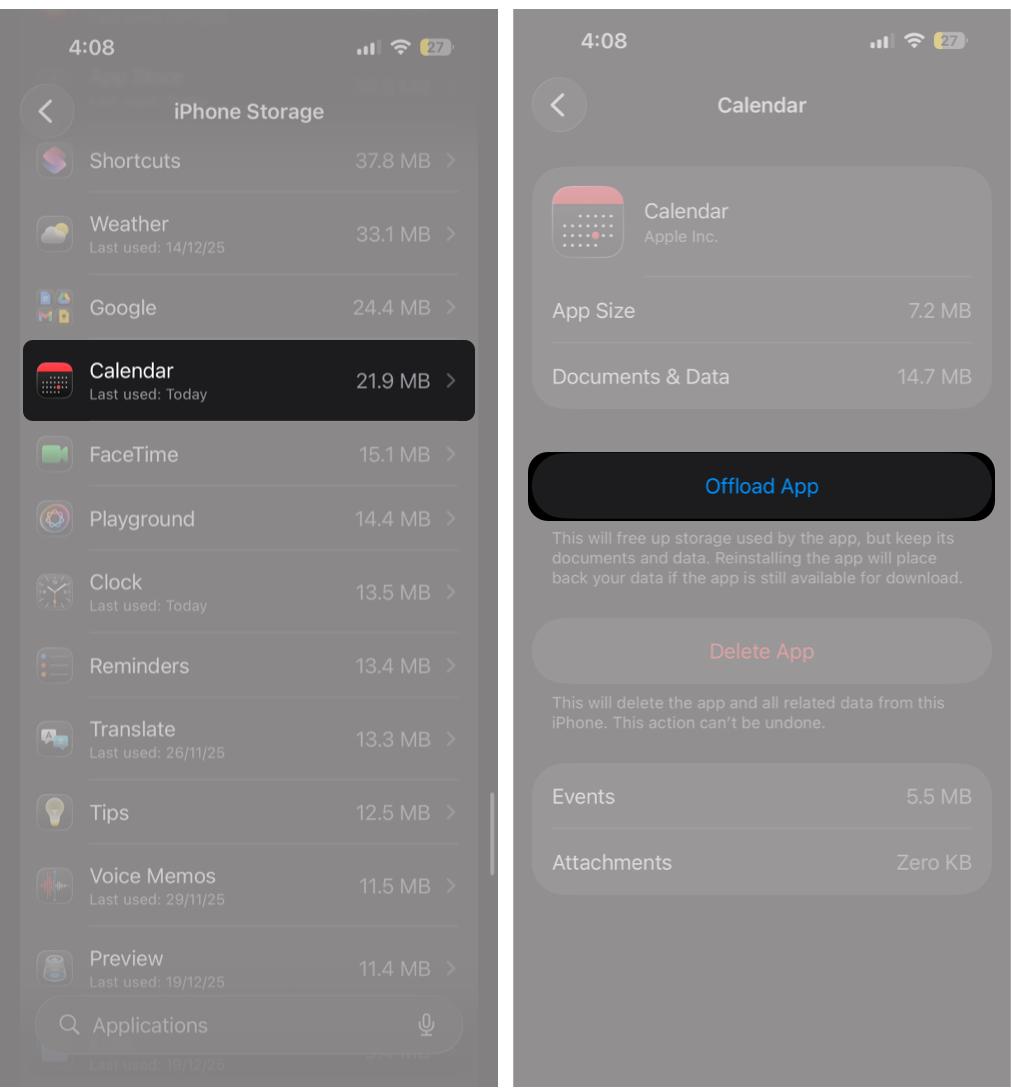 User Guide- Locate and tap the Calendar app, then tap the Offload App button