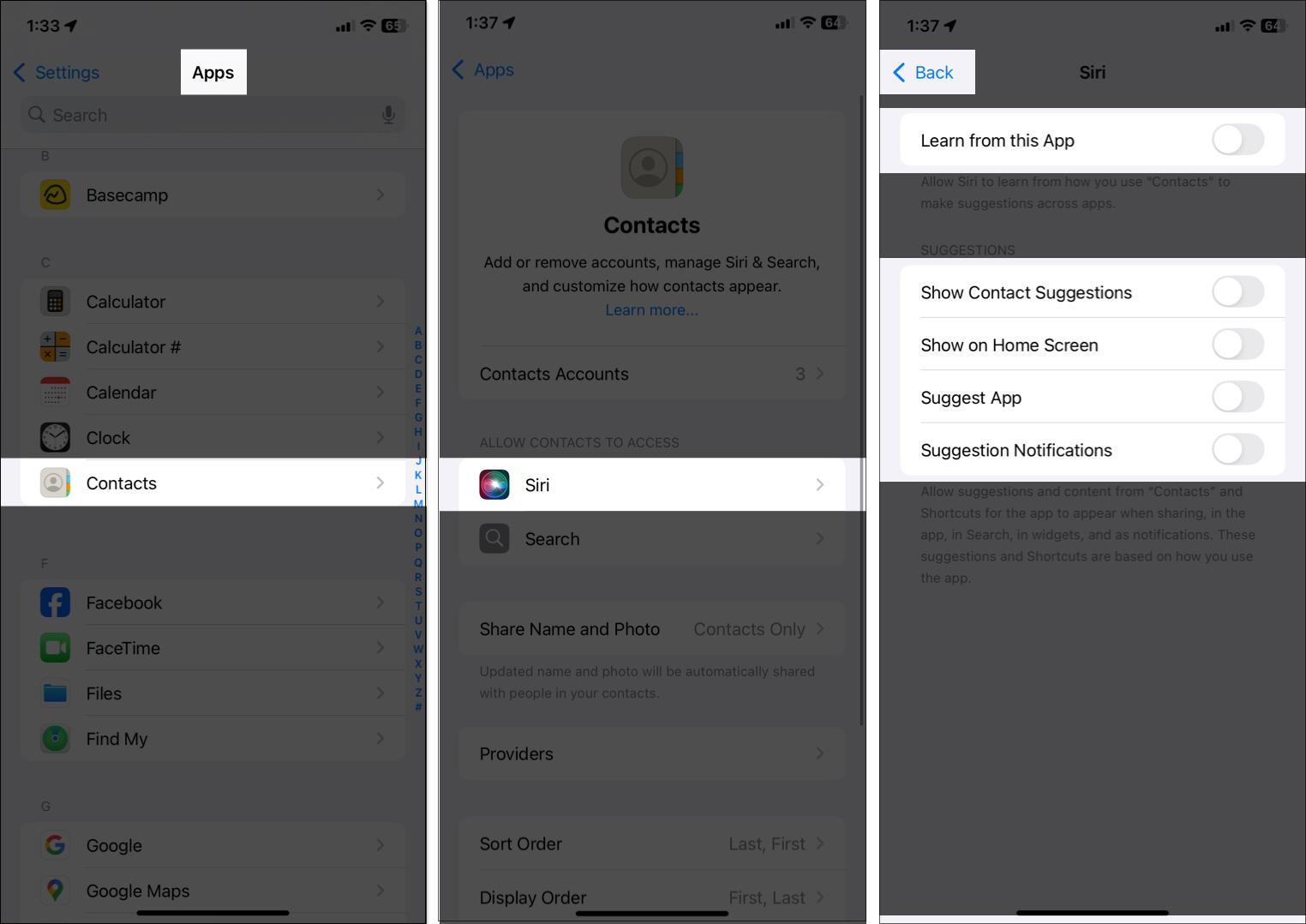 Accessing Contacts from iOS settings and toggling off all options for Siri