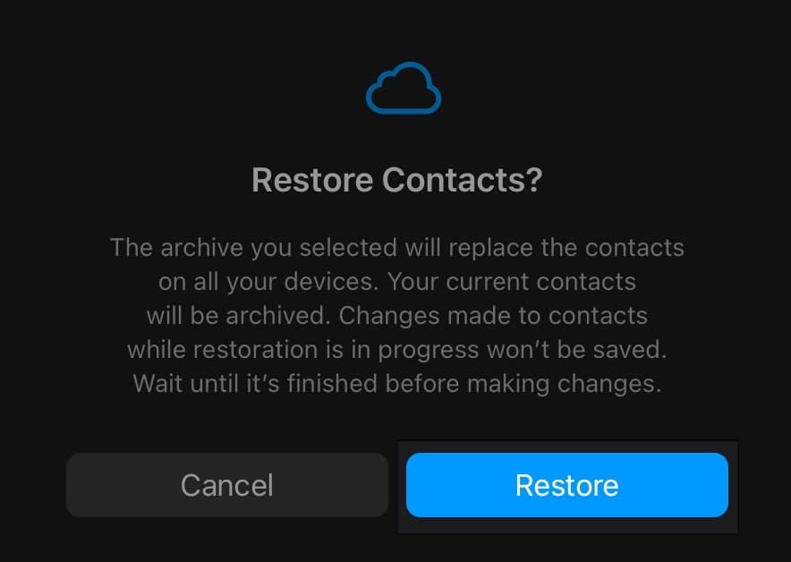 Click the Restore button to confirm