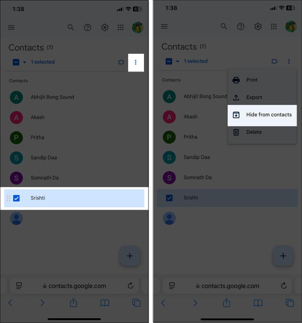 Hiding contact from Goggle Contacts on iPhone