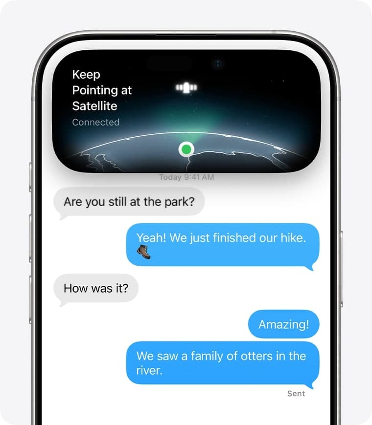 Wait for the green dot and satellite banner in Dynamic Island, then tap Send