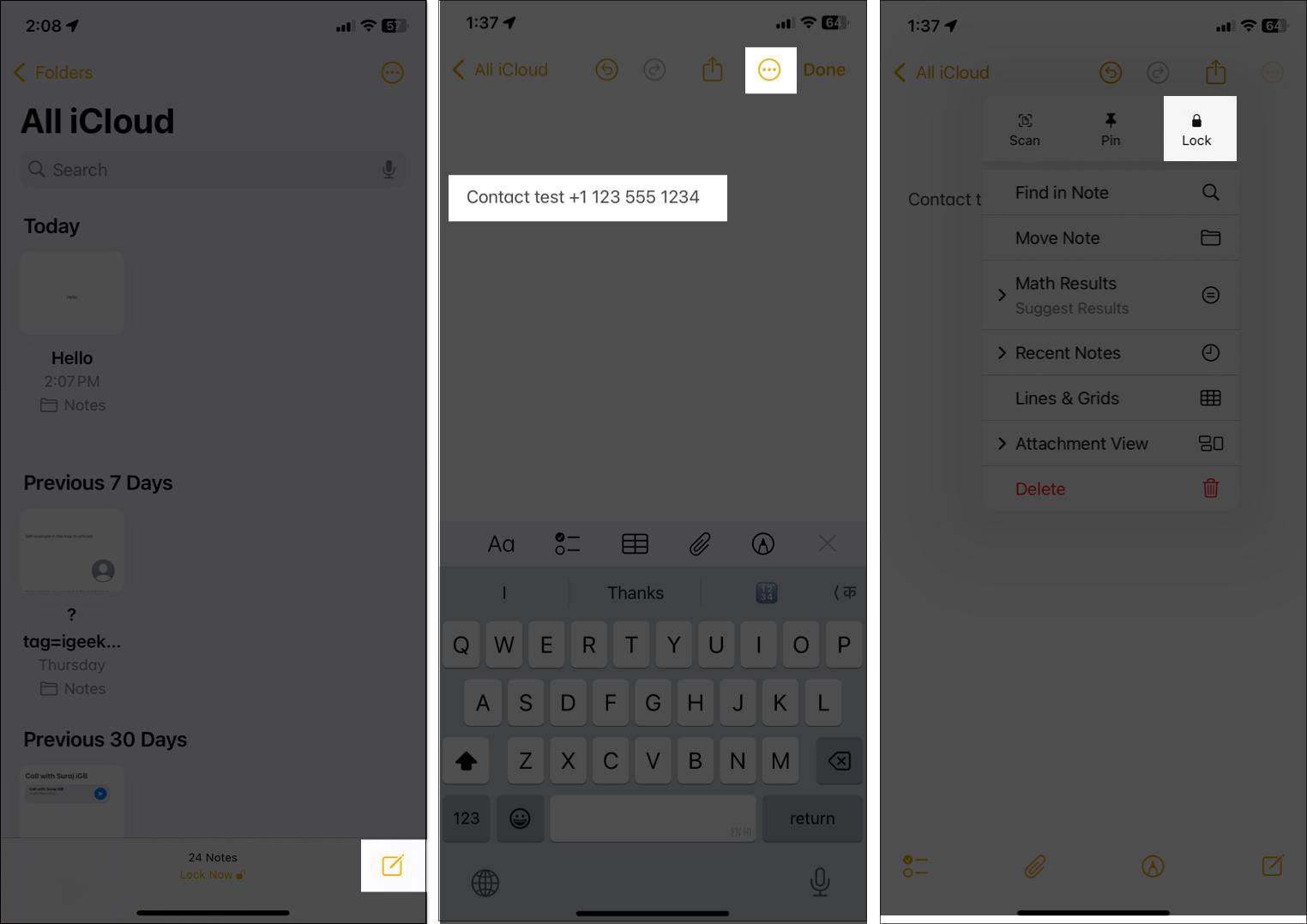 Locking note after adding contact details in the Notes app on an iPhone