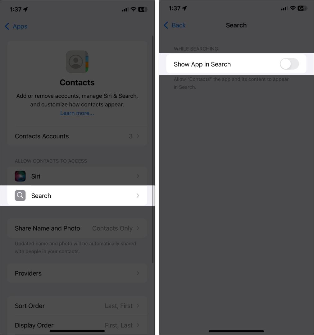 Toggling off Show app in Search option