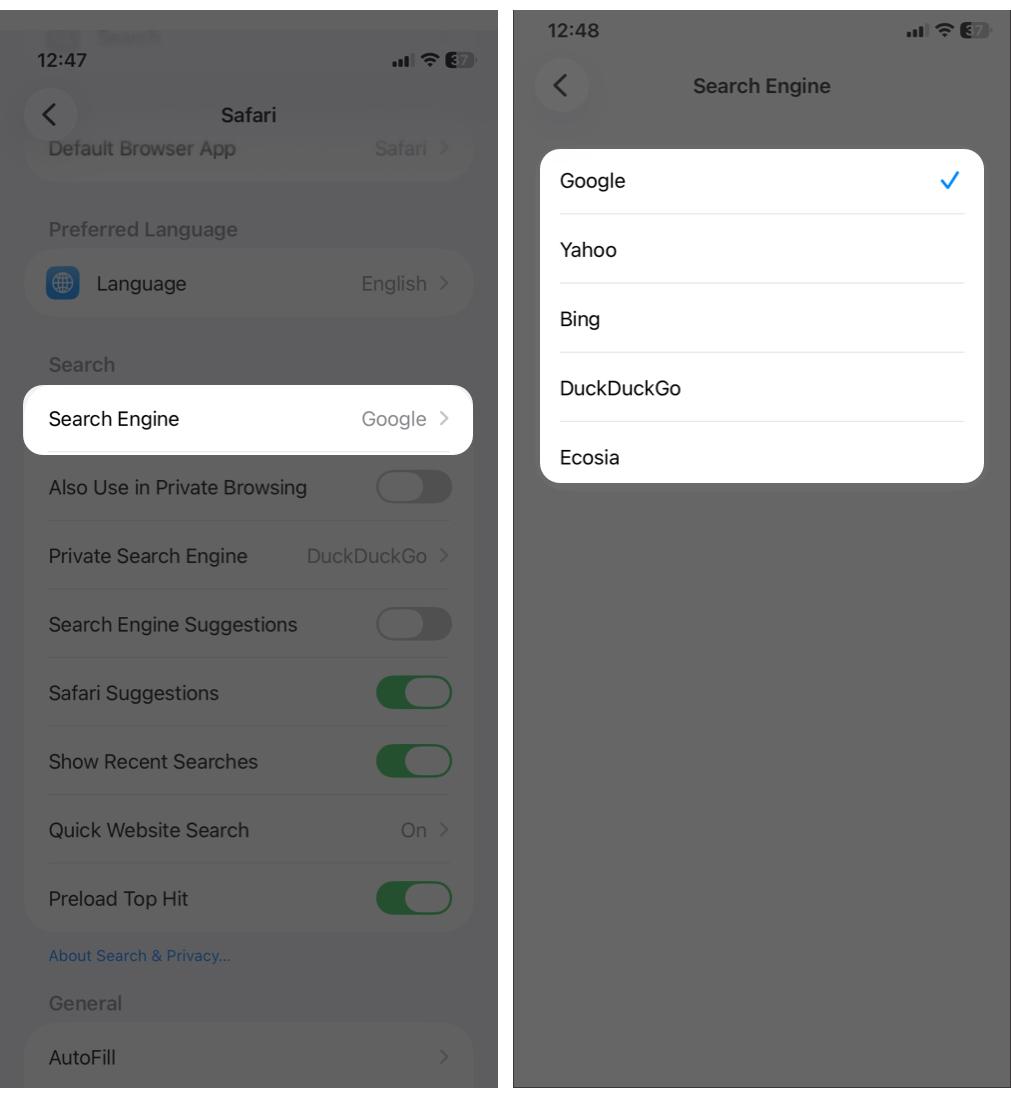 Change the default search engine from Safari Settings