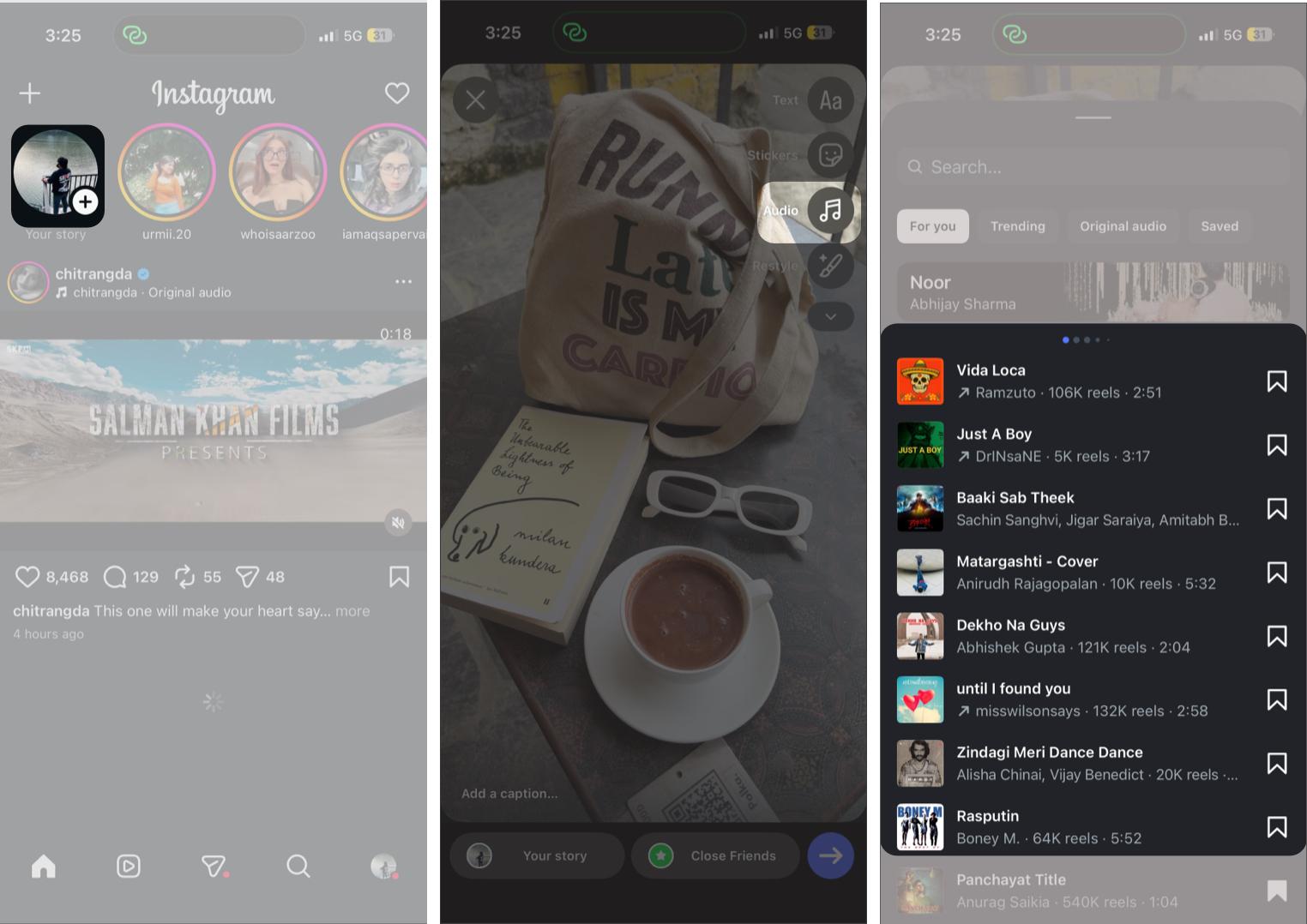 Adding music to Instagram story by searching for it in the search bar or saved music.