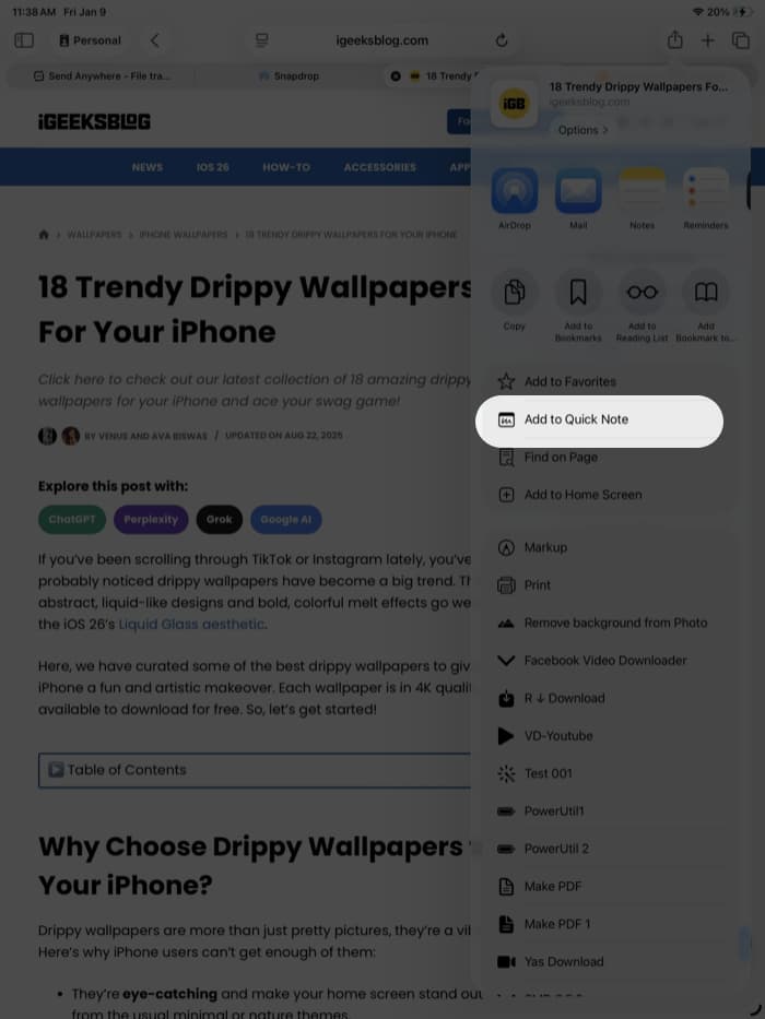 Create a Quick Note from Apps like Safari