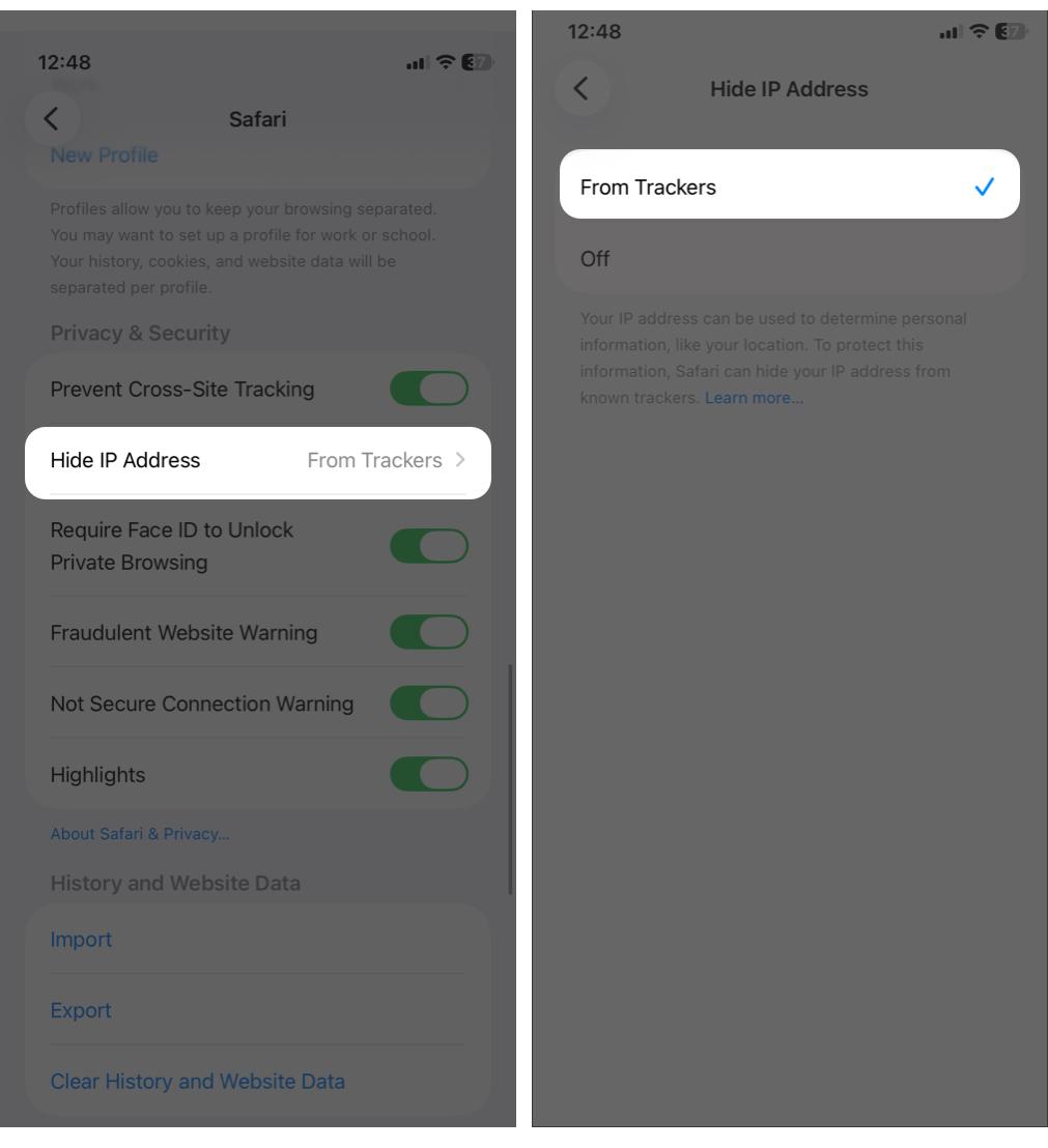 Set Hide IP Address to From Trackers.