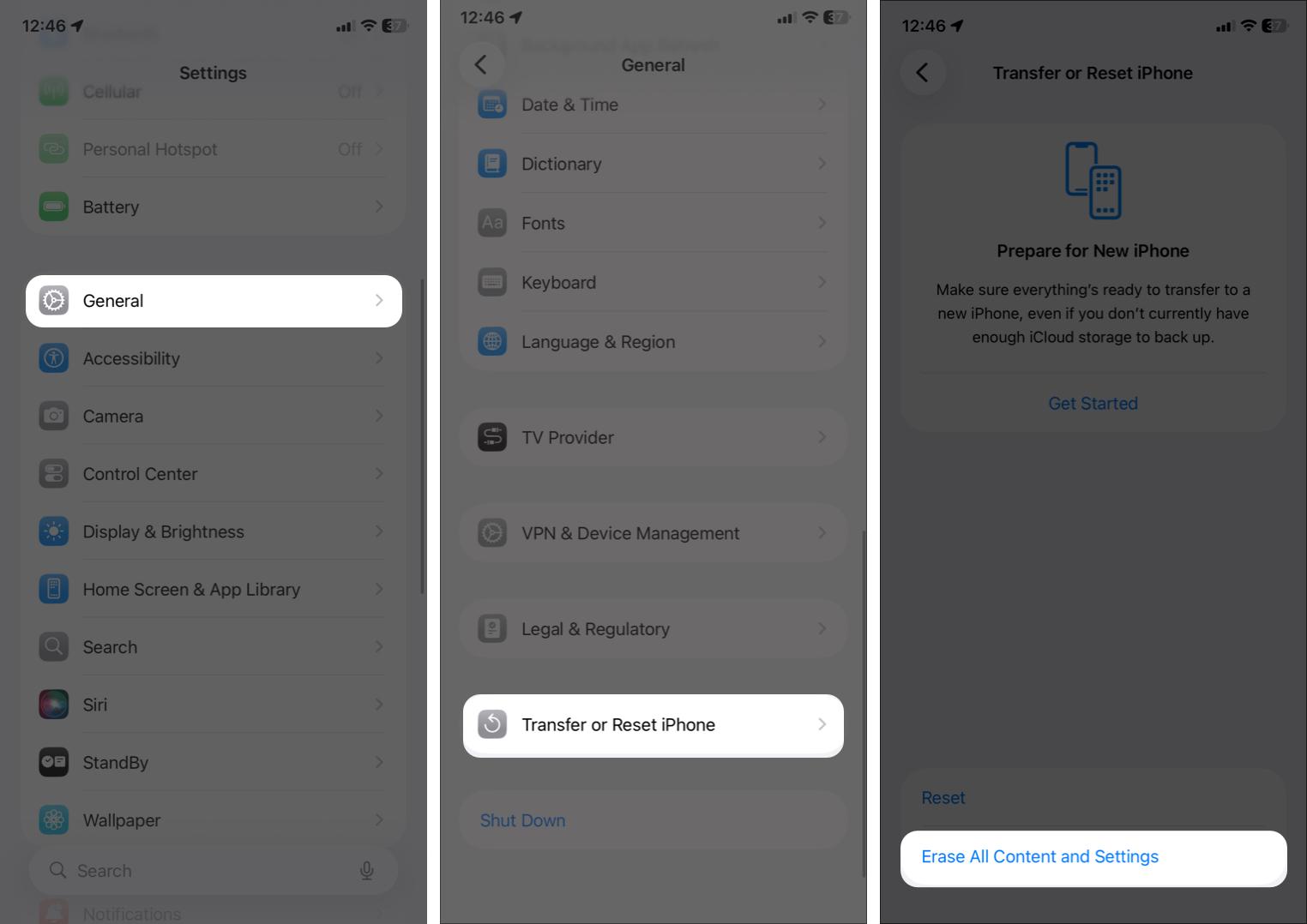 From Settings and General and SELECT Transfer or Reset iPhone, select Erase All Content and Setting