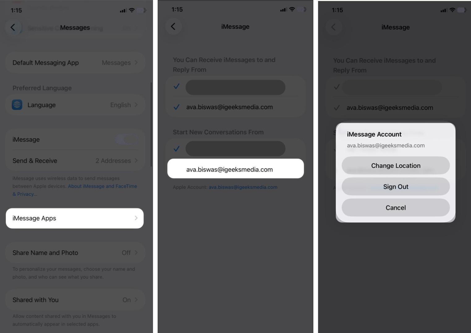Go to Messages, Then Send & Receive, Tap Your Apple Account, and select Sign Out
