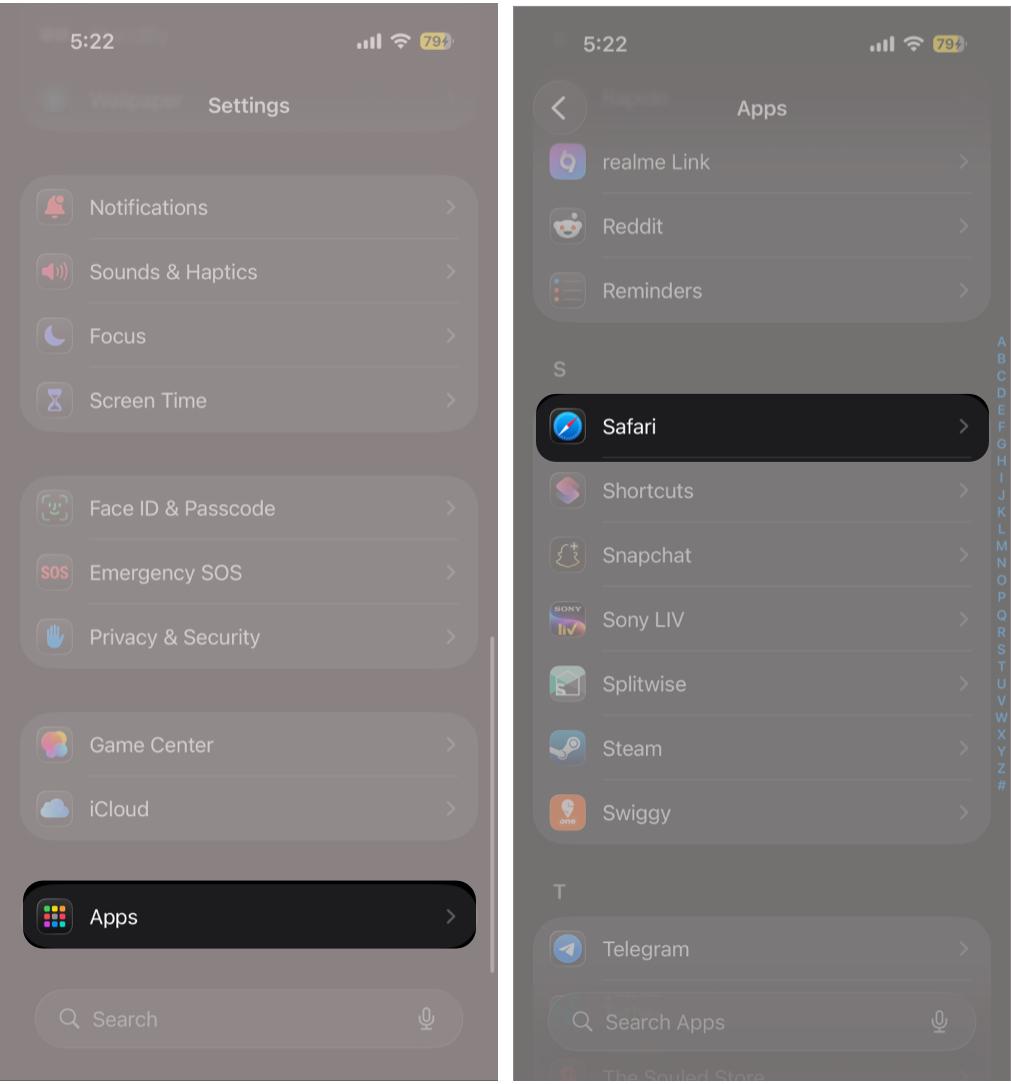 Go to Settings And Apps Then Tap On Safari.