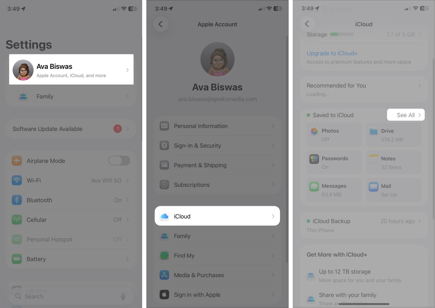 Go to Settings Open Apple ID Tap on Icloud