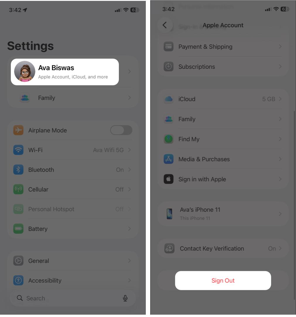 Go to Settings, Tap Your Name, Scroll Down, and Tap Sign Out.