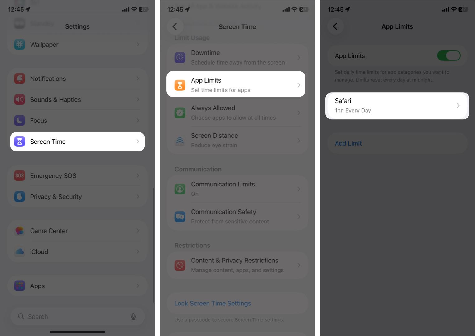 Go to Settings and Tap Screen Time, tap App Limits, and check if Safari is in the list.