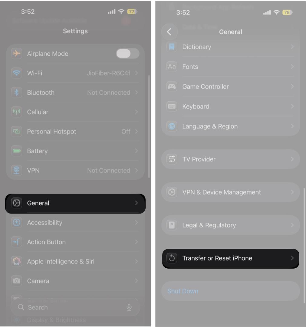 Go to Settings, then General, and select Transfer or Reset iPhone.