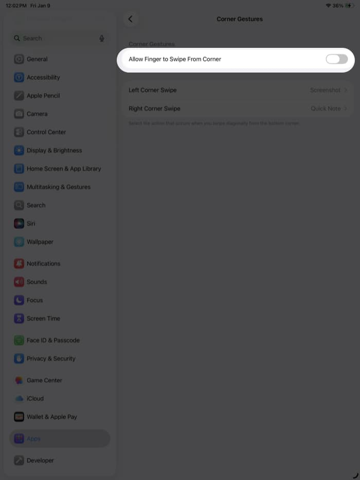 Turn Off the Quick Note Swipe Gesture