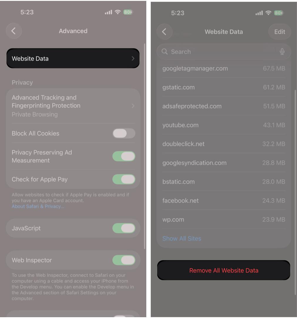 In Website Data Tap Remove All Website Data.