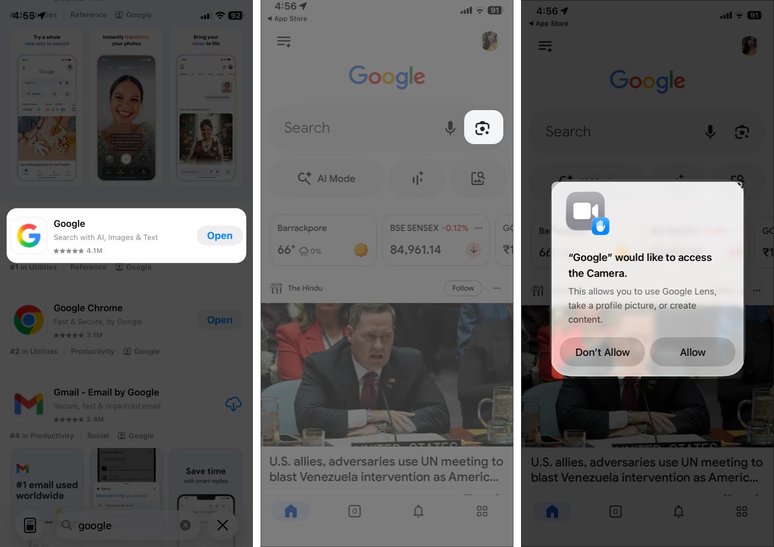 Install and open Google, tap the Lens icon, and allow camera access to begin searching.