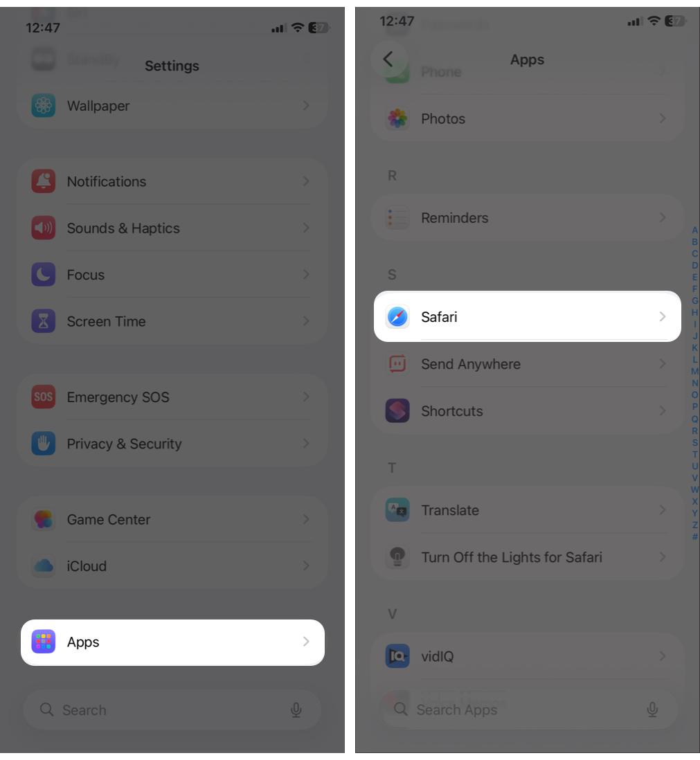 Navigate to Settings, select Apps and choose Safari