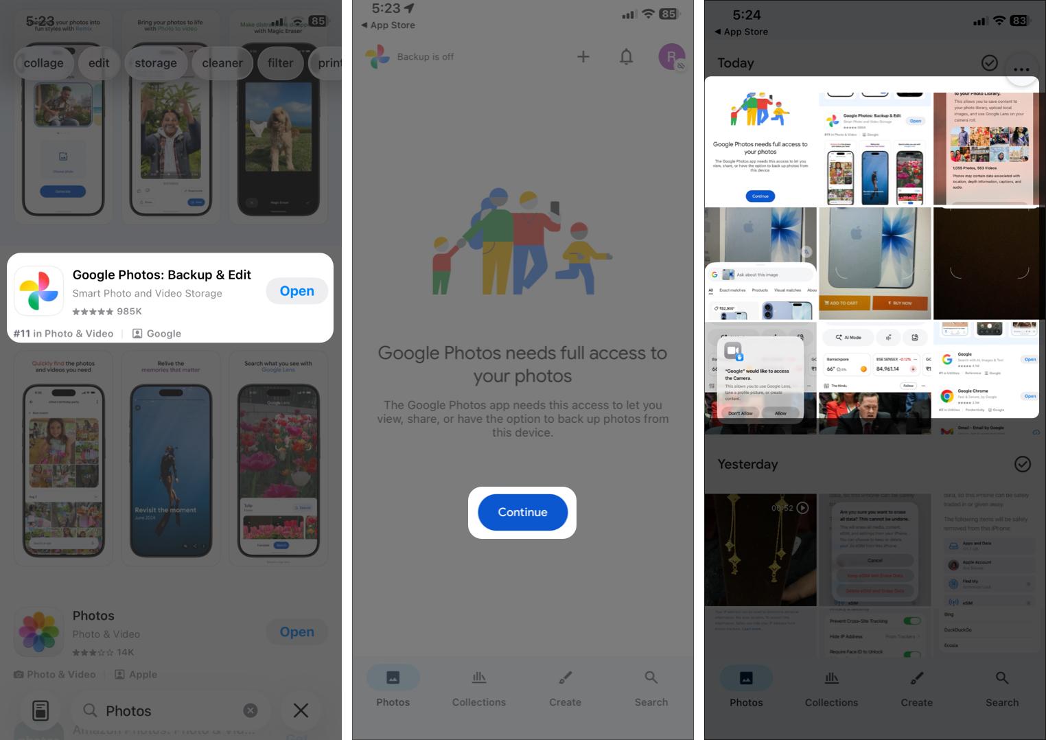 Open Google Photos, Tap Continue to Grant Access, and Select Your Photo.