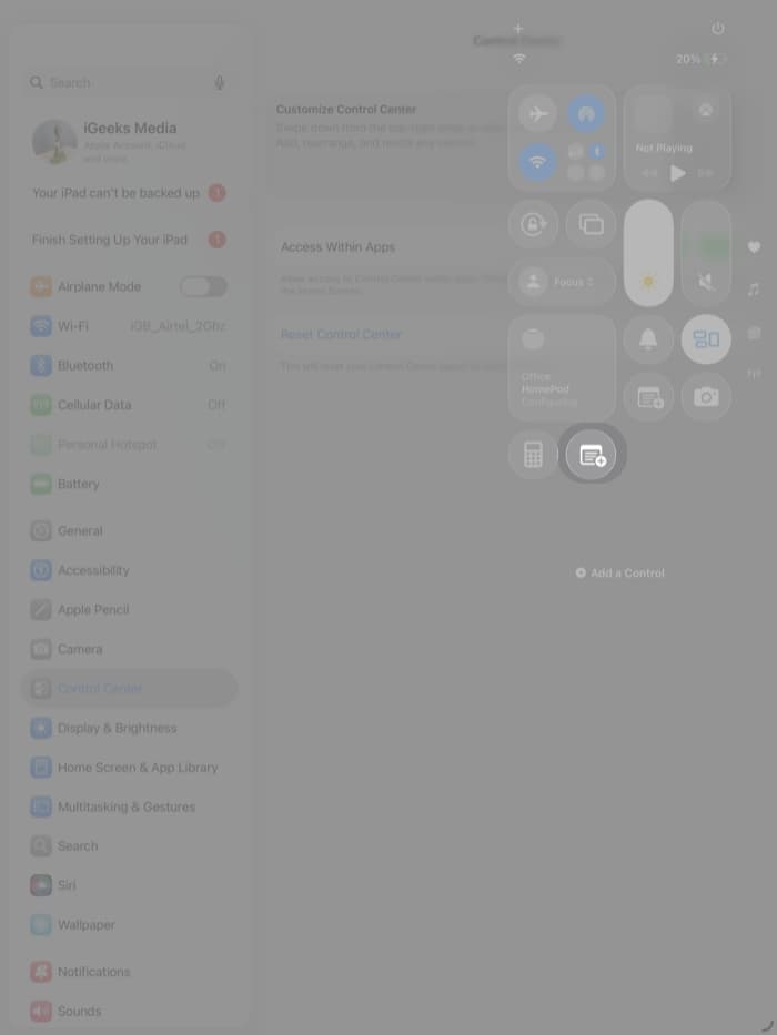 Open Quick Note from Control Center