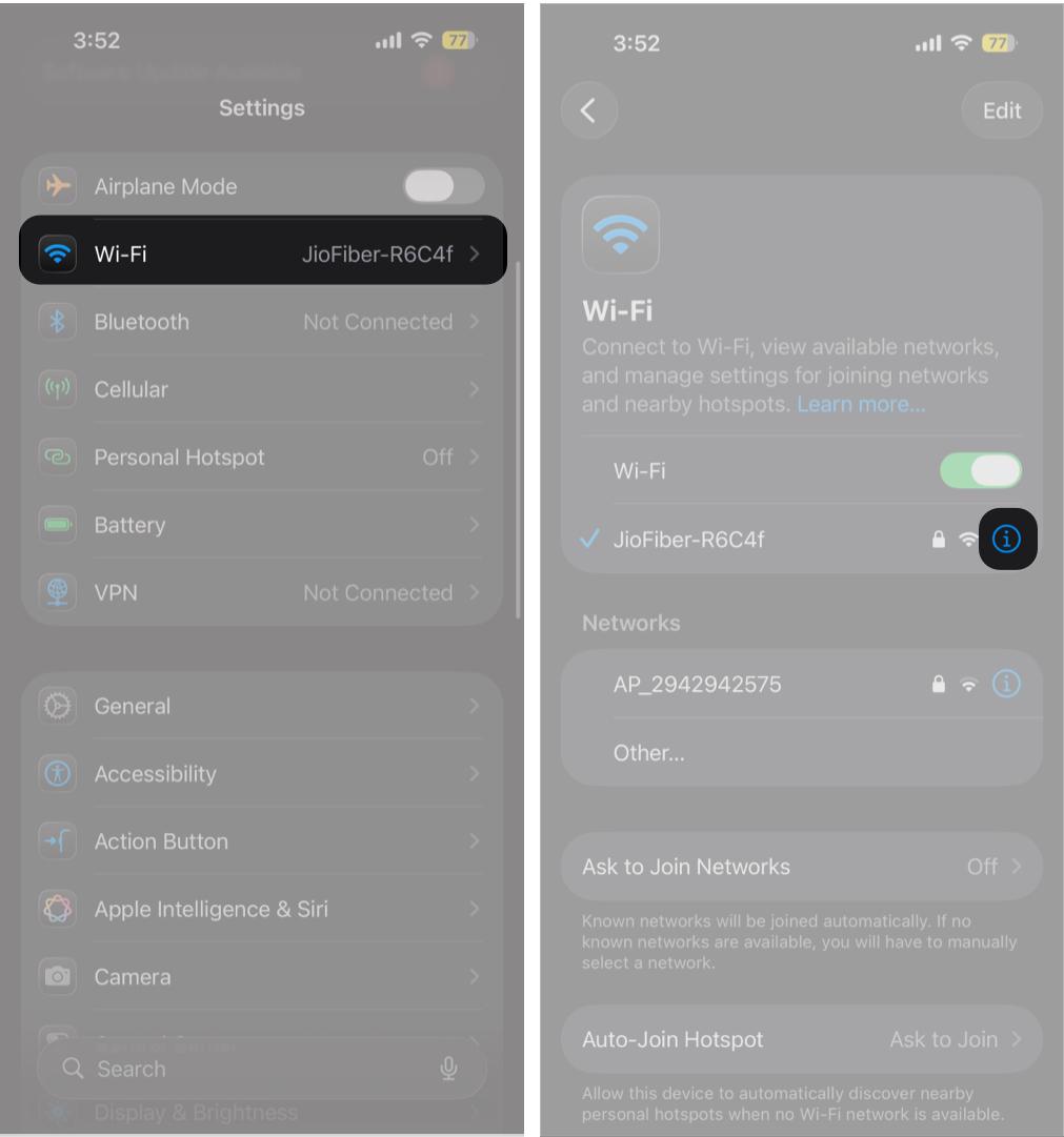 Open Settings, Select Wi-Fi, and Tap the i Button.