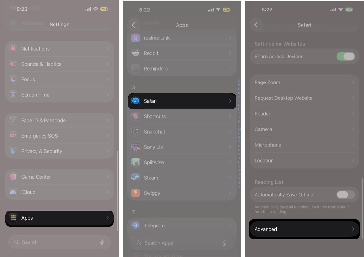 Open Settings, Tap Apps, Select Safari, Then Tap Advanced