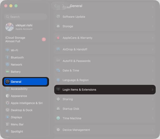 Open Settings Tap on General and Login Items & Extensions