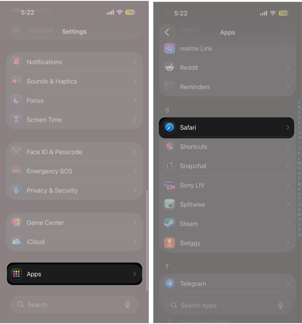 Open Settings, Then Apps, and Select Safari.