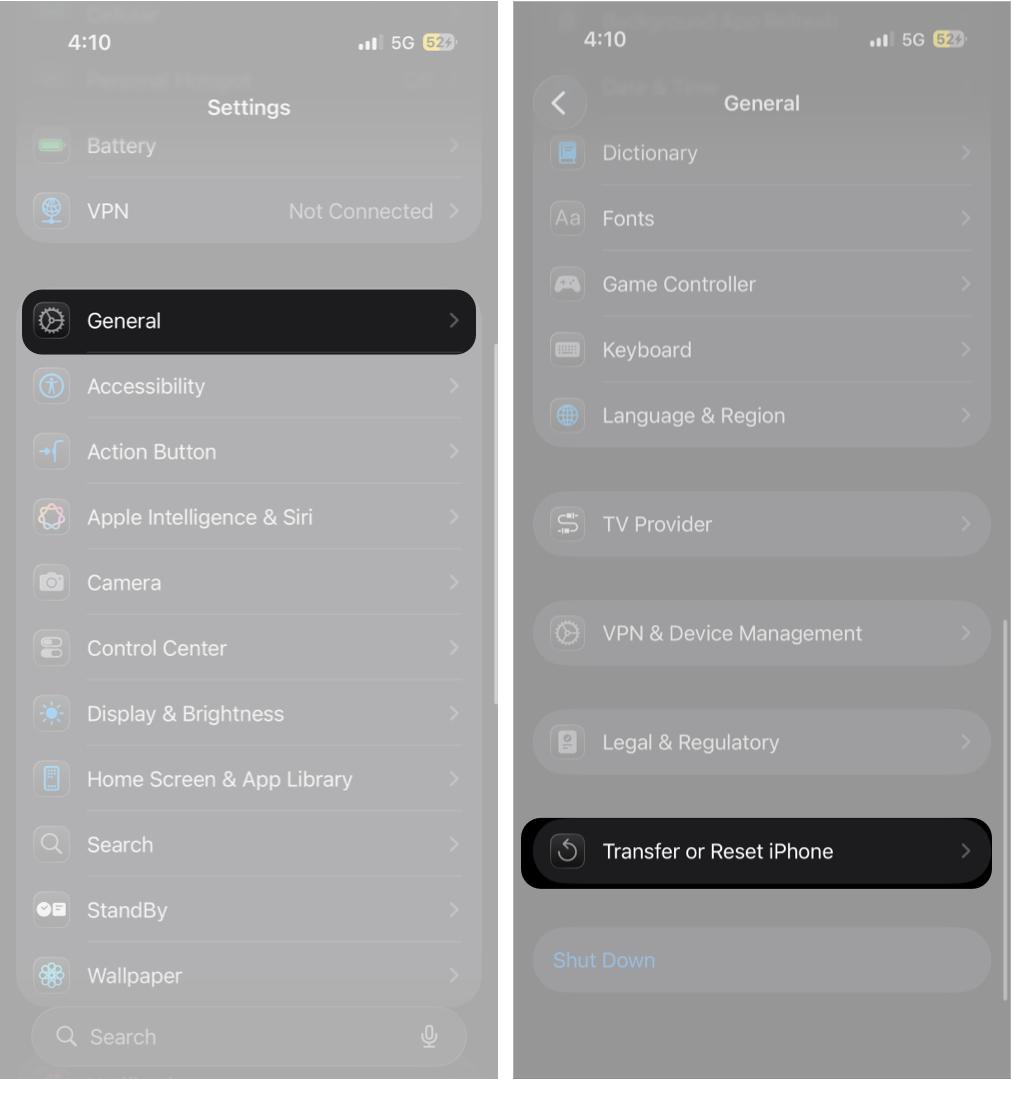 Open Settings Then General and Tap on Transfer or Reset iPhone.