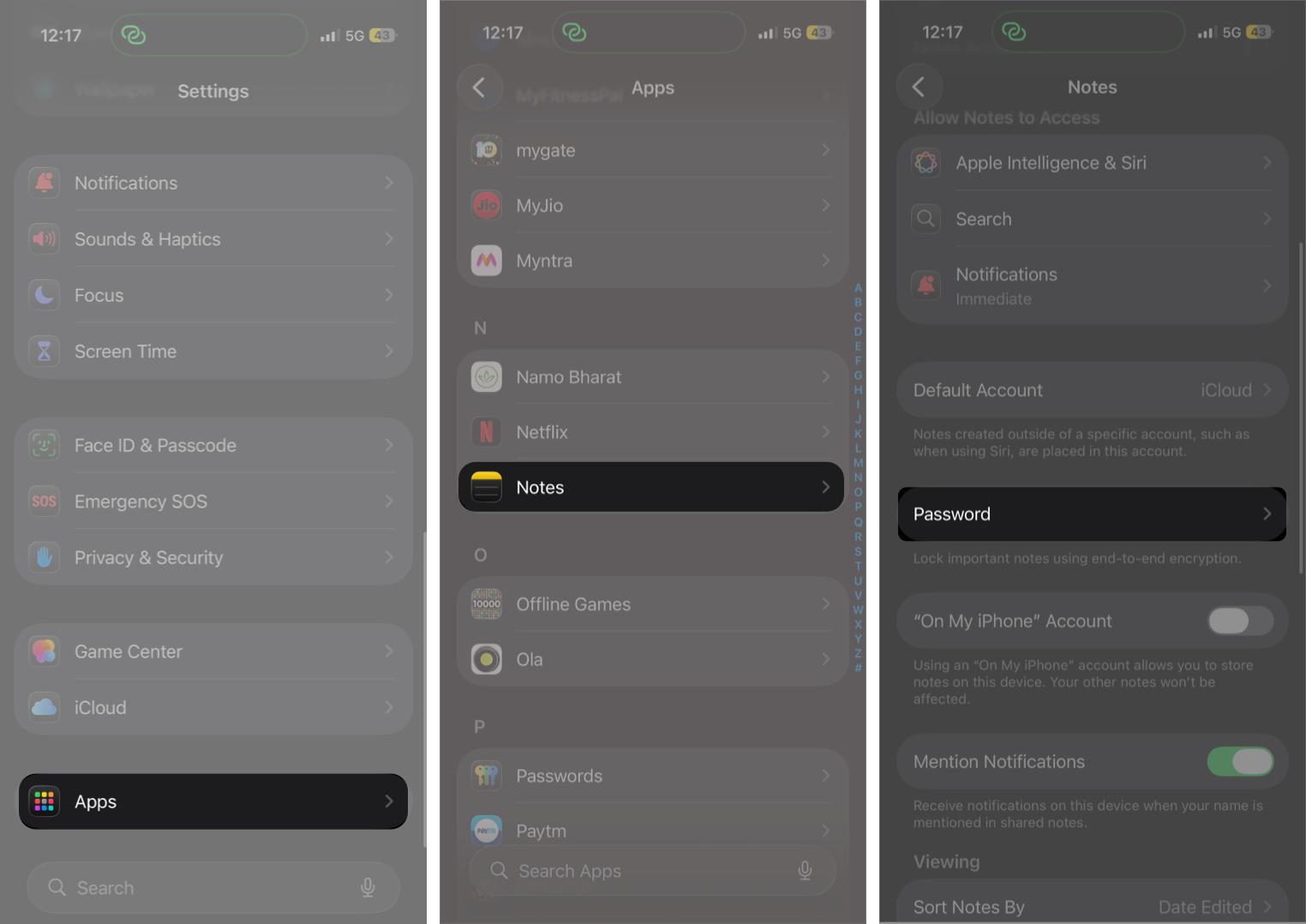 Open Settings and Click on Apps Then Click Notes And Tap Password.
